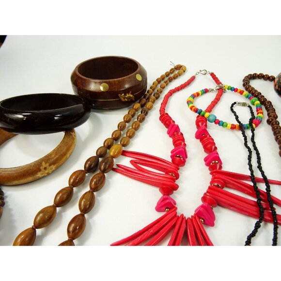 Wood Jewelry Lot 30pc Wooden Necklaces Bracelets - Picture 4 of 15